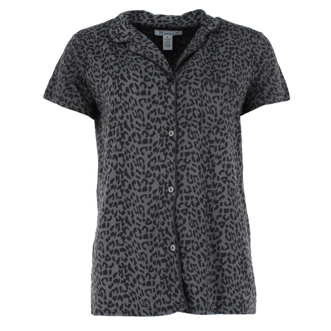 Joan Vass Women's Leopard Print Notched Collar Short Sleeve Pajama Set - Black