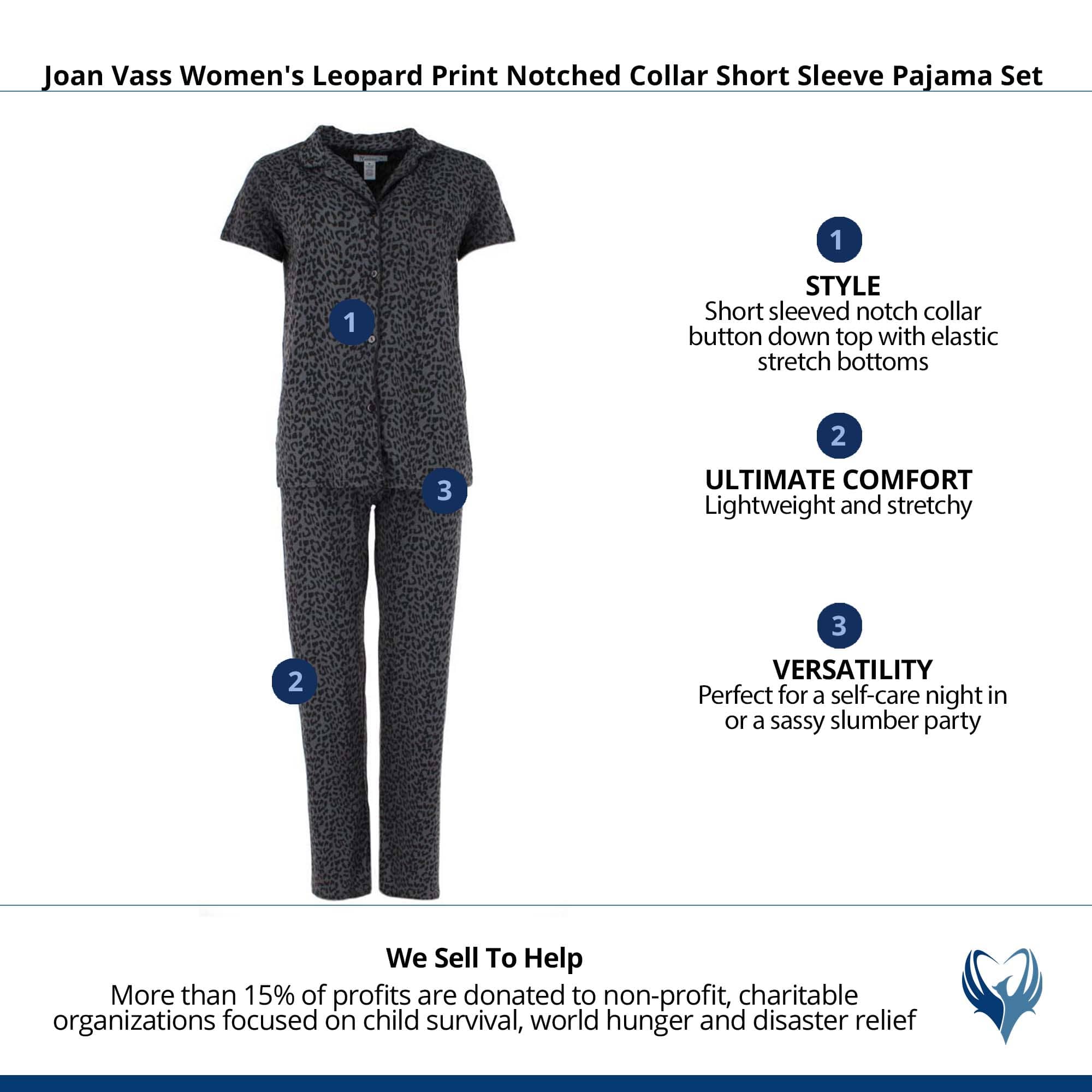 Joan Vass Women's Leopard Print Notched Collar Short Sleeve Pajama Set - Black