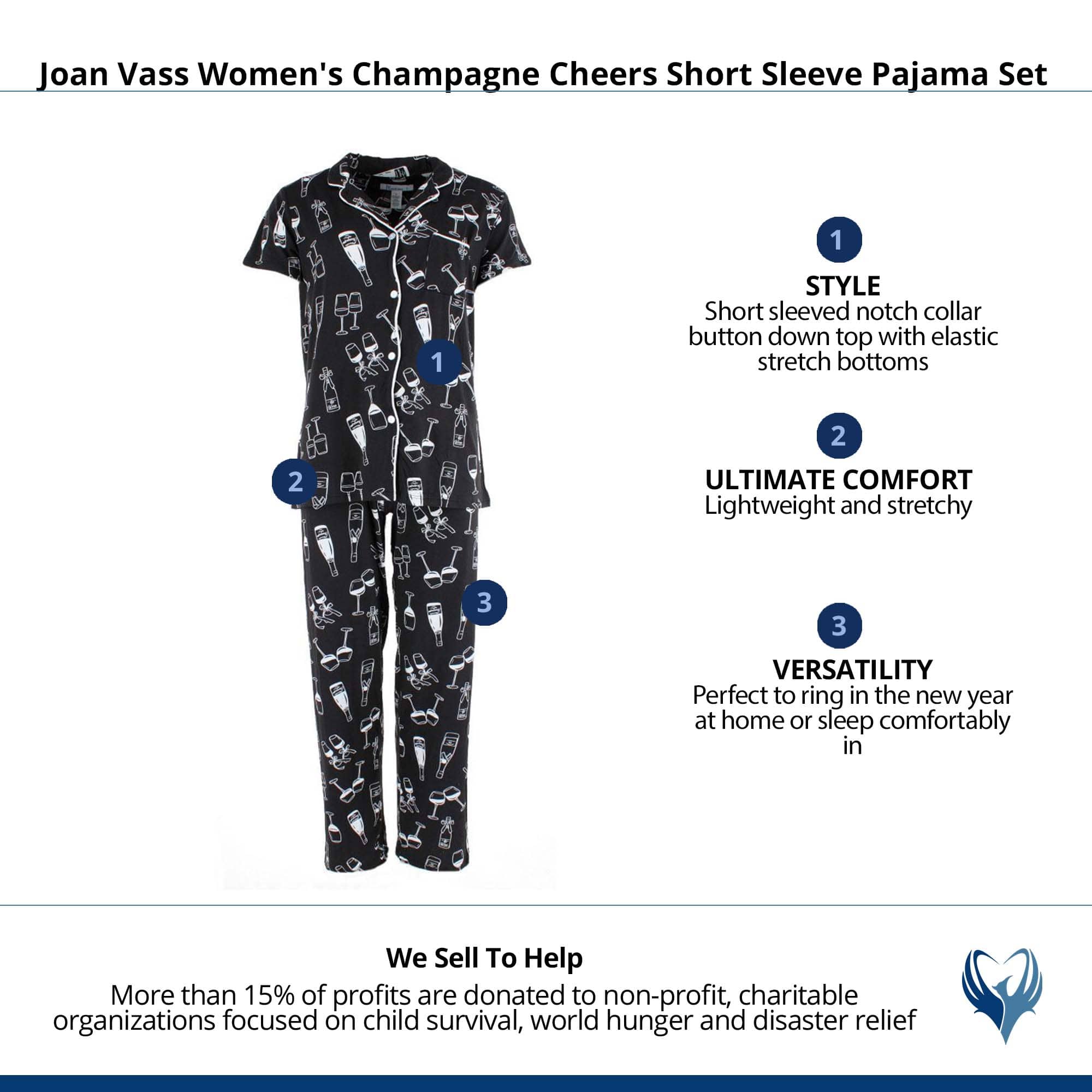 Joan Vass Women's Champagne Cheers Short Sleeve Pajama Set - Black