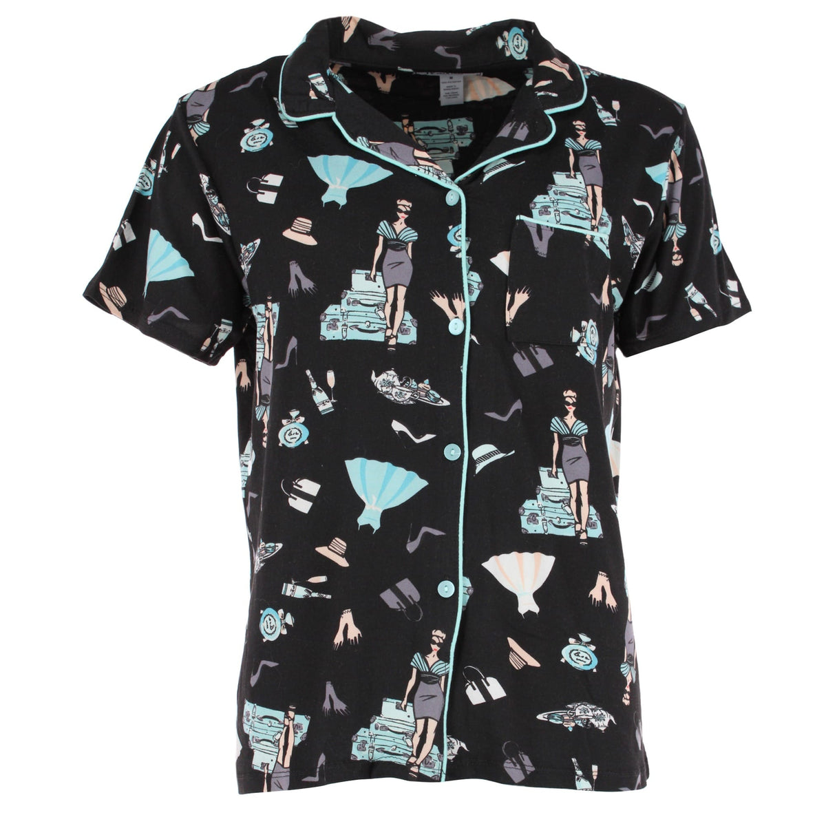 Joan Vass Women's Day at Tiffany's Button Down Short Pajama Set - Black