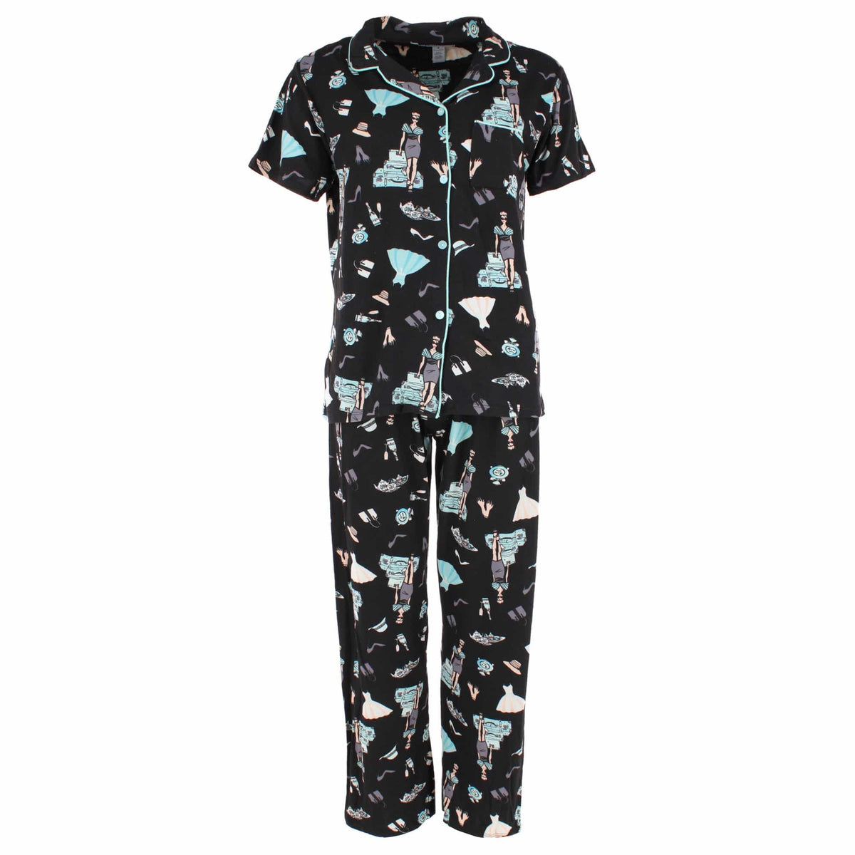 Joan Vass Women's Day at Tiffany's Button Down Short Pajama Set - Black