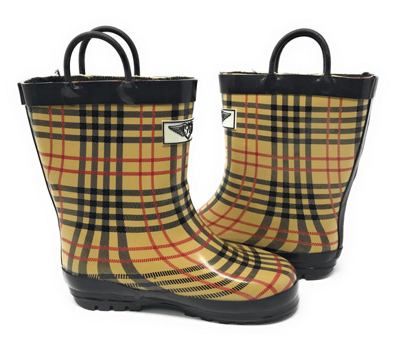 Kid's Rubber Pull Up Checker Plaid Print Rainboots
