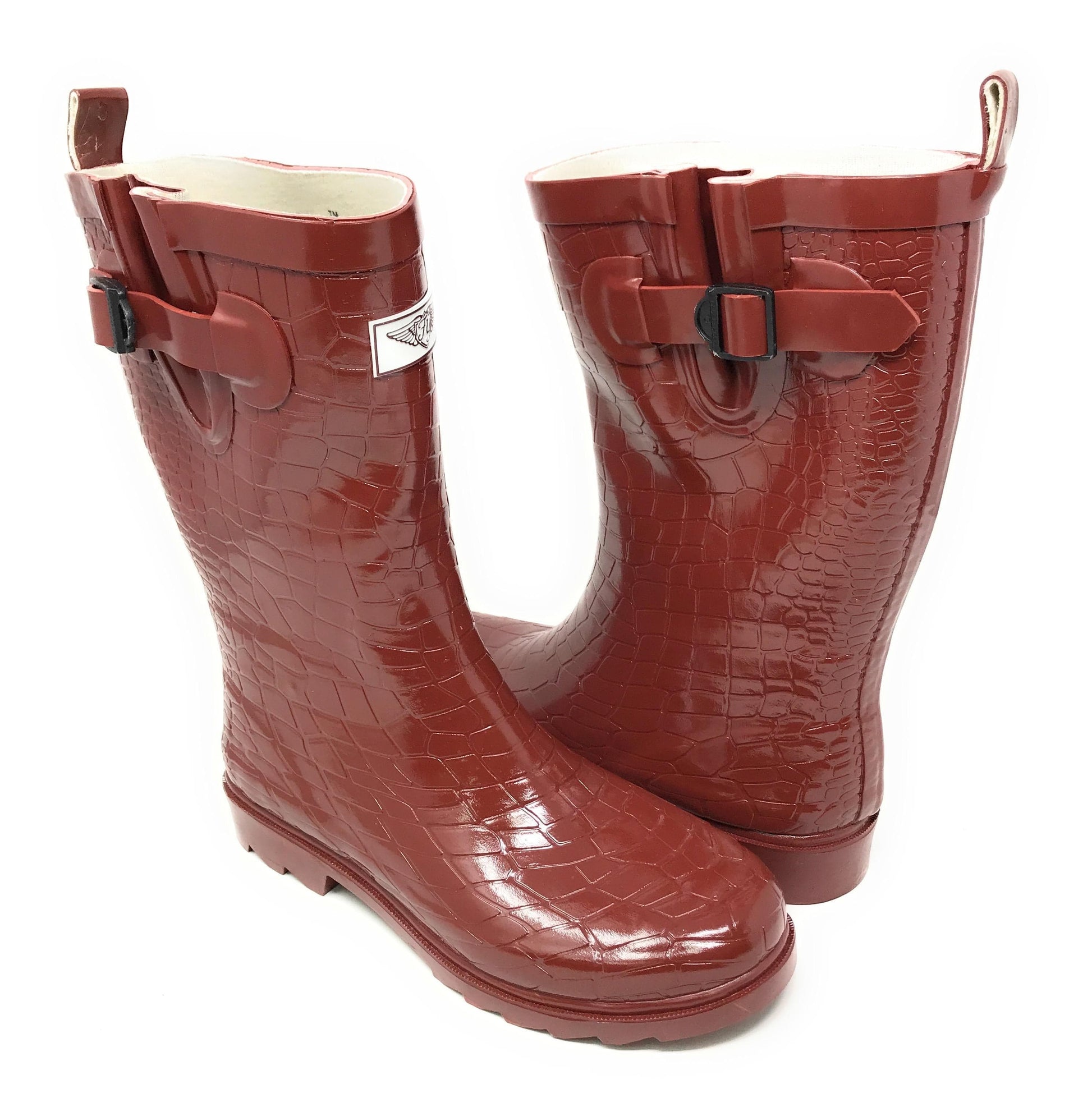 Forever Young Women's Rubber Croc Print Mid Calf Rain Boots - Red