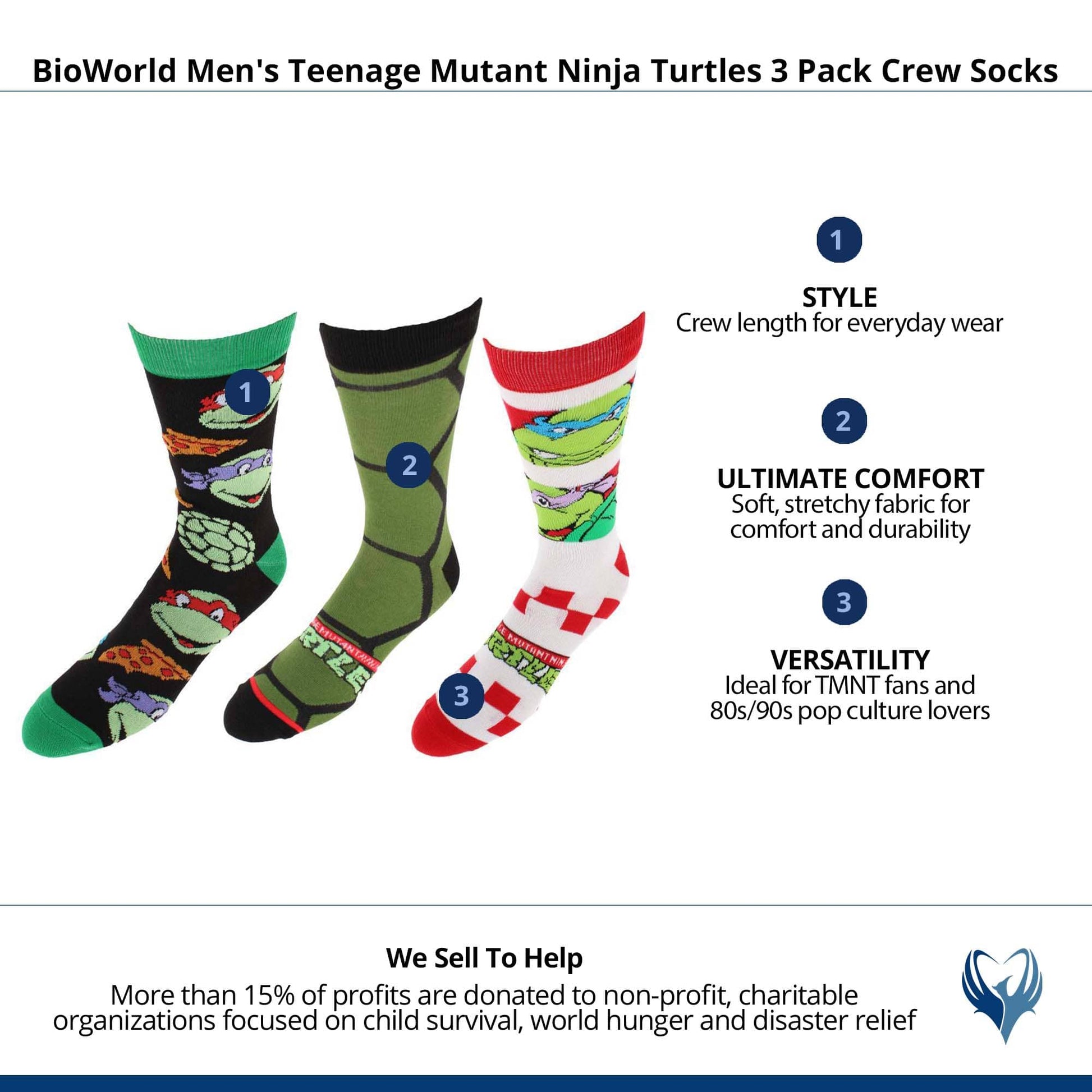 BioWorld Men's Teenage Mutant Ninja Turtles 3 Pack Crew Socks - Multiple
