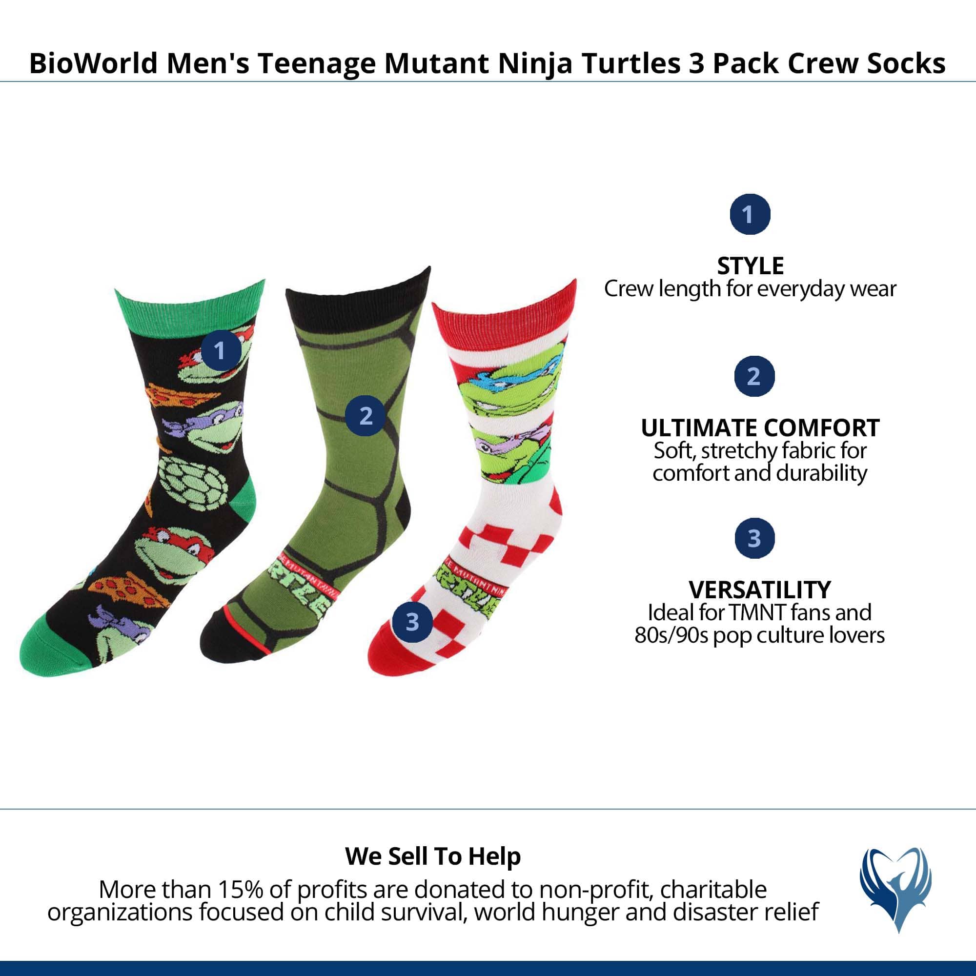 BioWorld Men's Teenage Mutant Ninja Turtles 3 Pack Crew Socks - Multiple