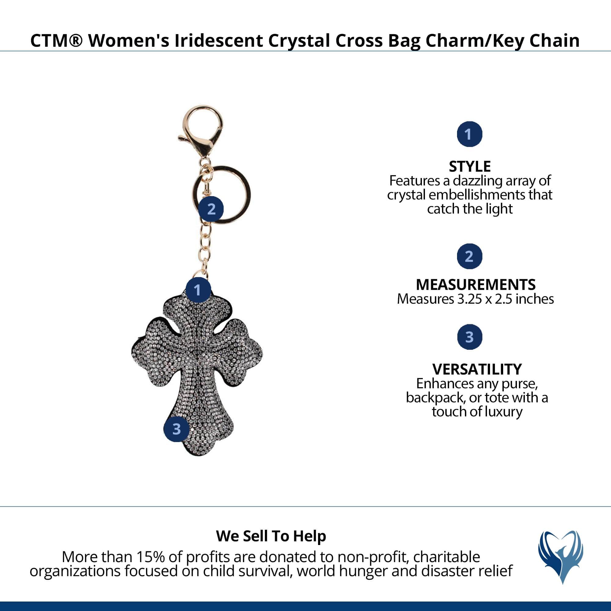 CTM® Women's Iridescent Crystal Cross Bag Charm/Key Chain - Silver