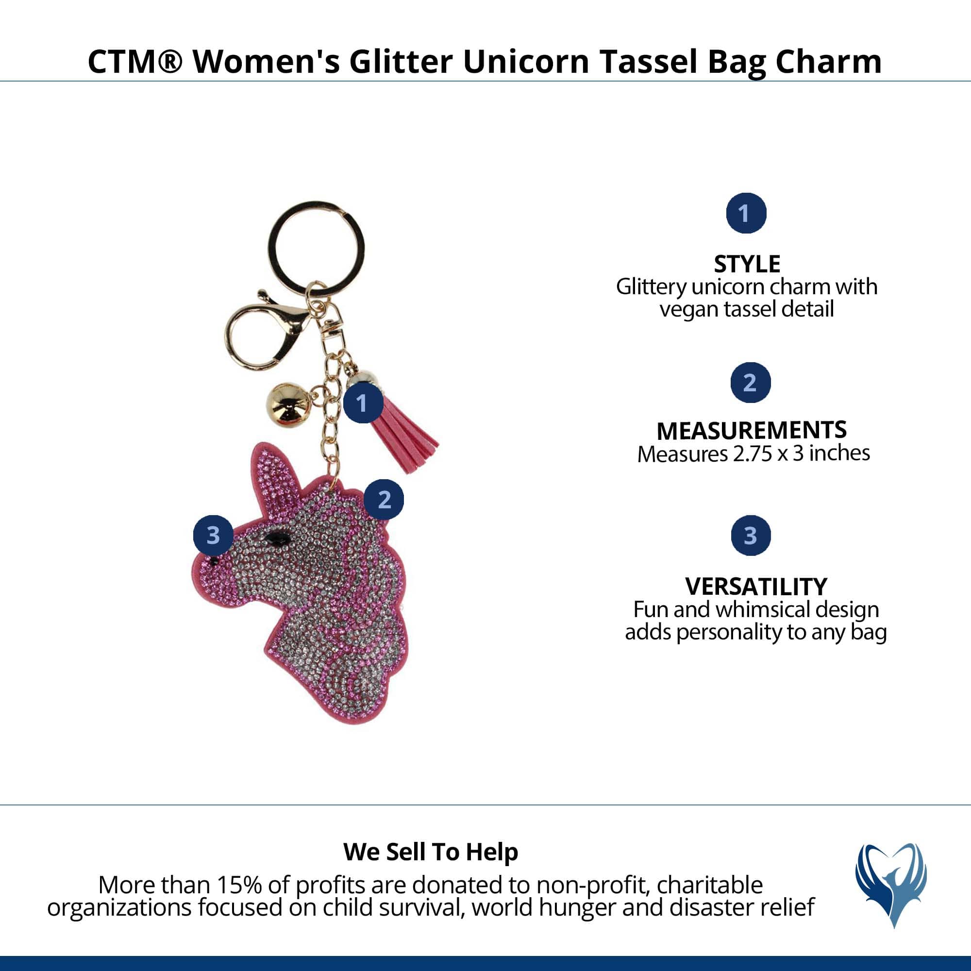 CTM® Women's Glitter Unicorn Tassel Bag Charm - White