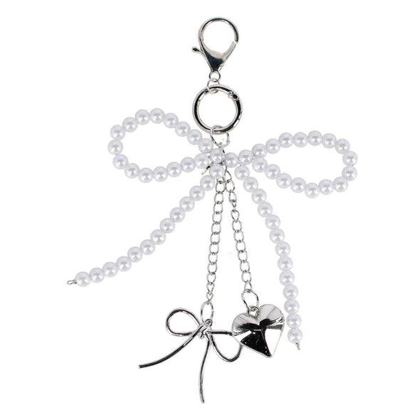 Women's Silver and Pearl Bow Heart Bag Charm/Key Chain