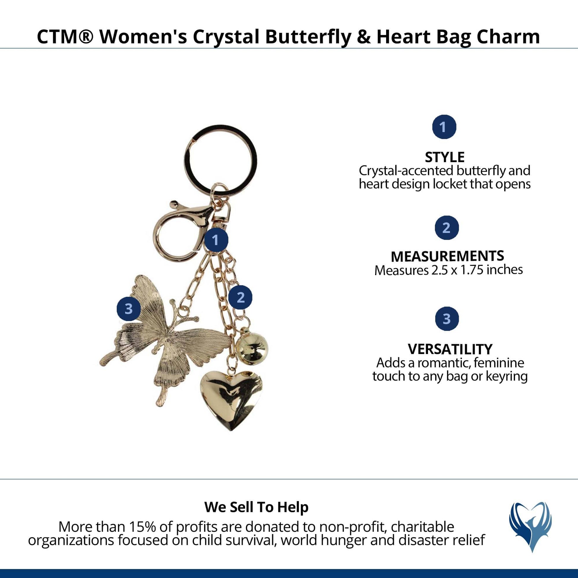 CTM® Women's Crystal Butterfly & Heart Bag Charm - Gold