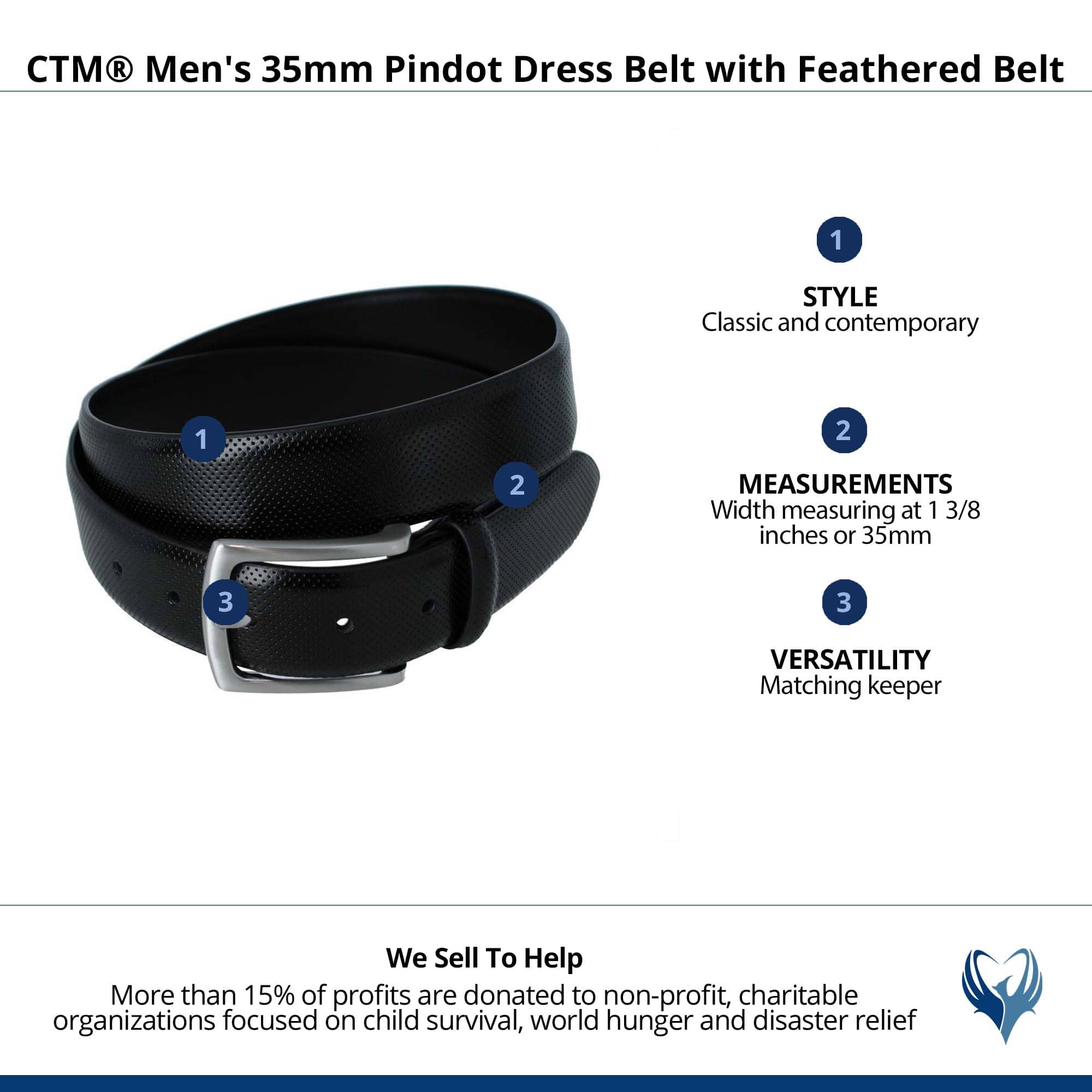 CTM® Men's 35mm Pindot Dress Belt with Feathered Belt - Black