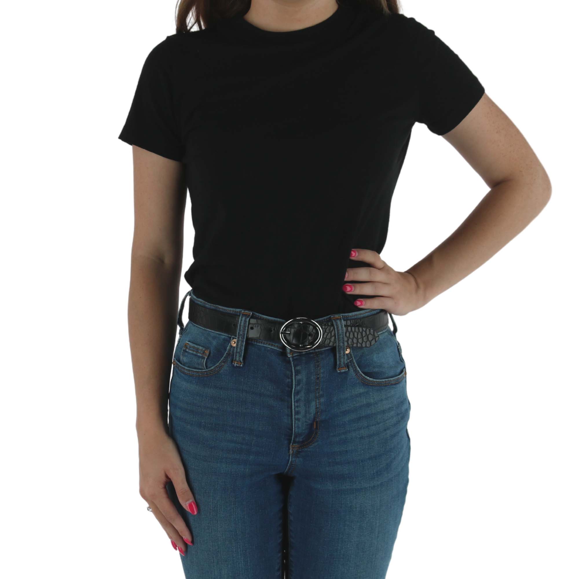 CTM® Women's Croc Print Center Bar Buckle Belt - Black