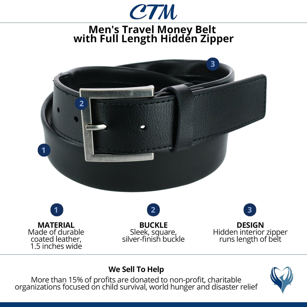 CTM® Men's Travel Money Belt with Full Length Hidden Zipper - Black