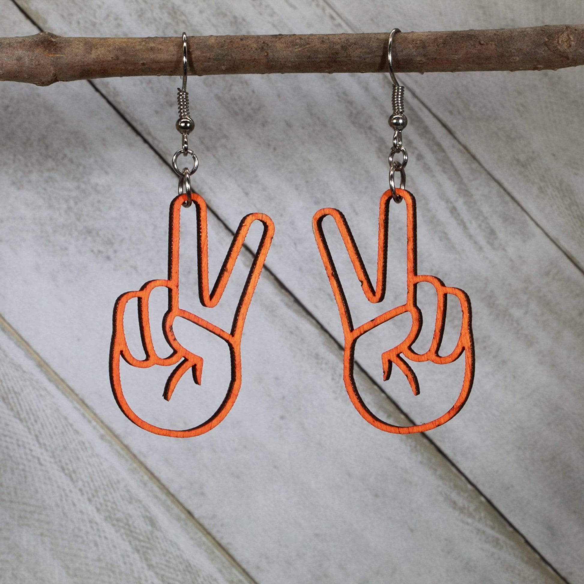 Cate's Concepts, LLC Women's Peace Sign Hand Wooden Dangle Earrings - orange