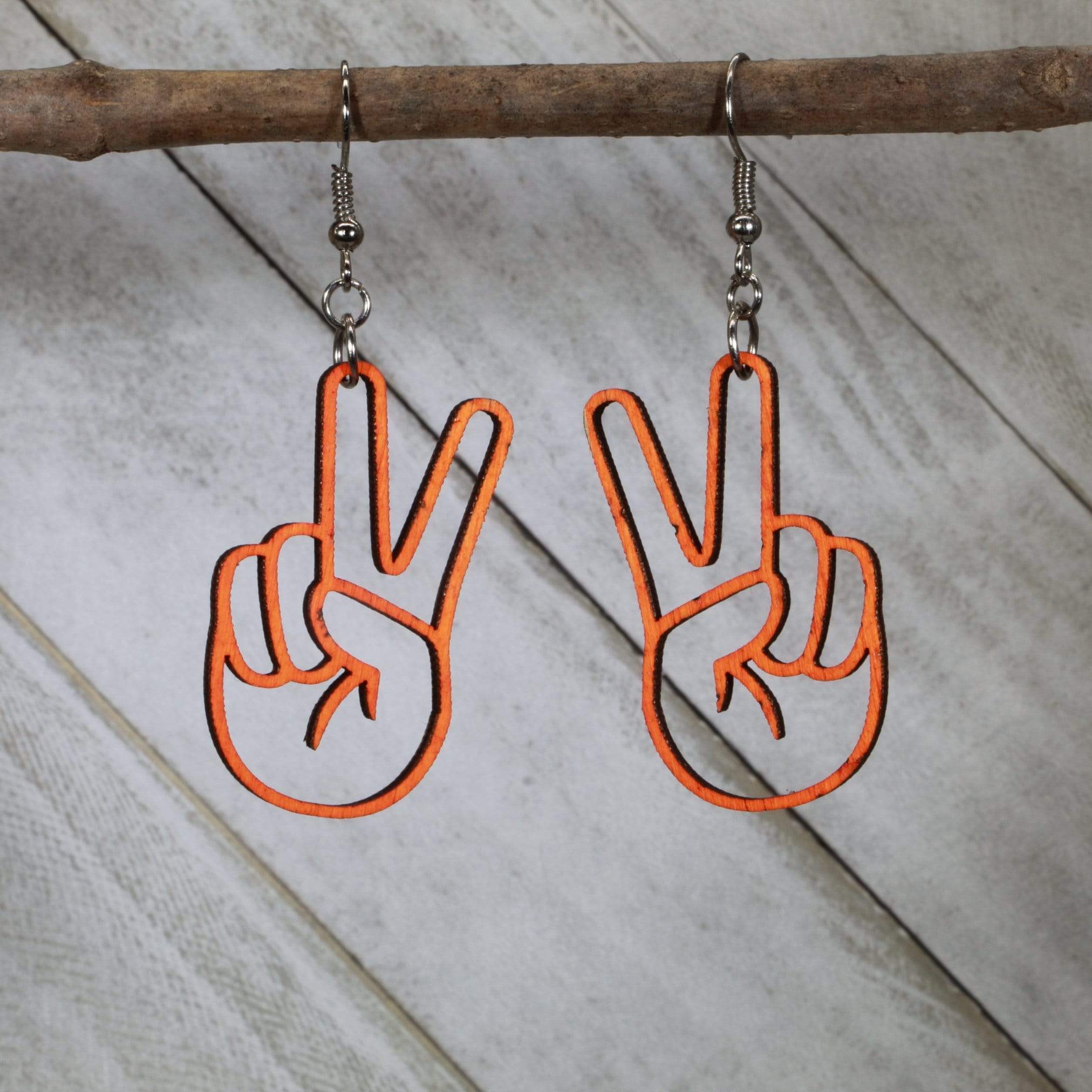 Cate's Concepts, LLC Women's Peace Sign Hand Wooden Dangle Earrings - orange