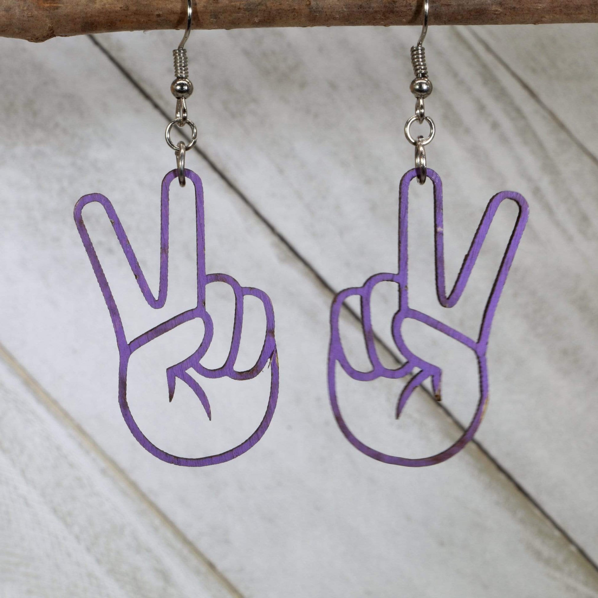 Cate's Concepts, LLC Women's Peace Sign Hand Wooden Dangle Earrings - purple