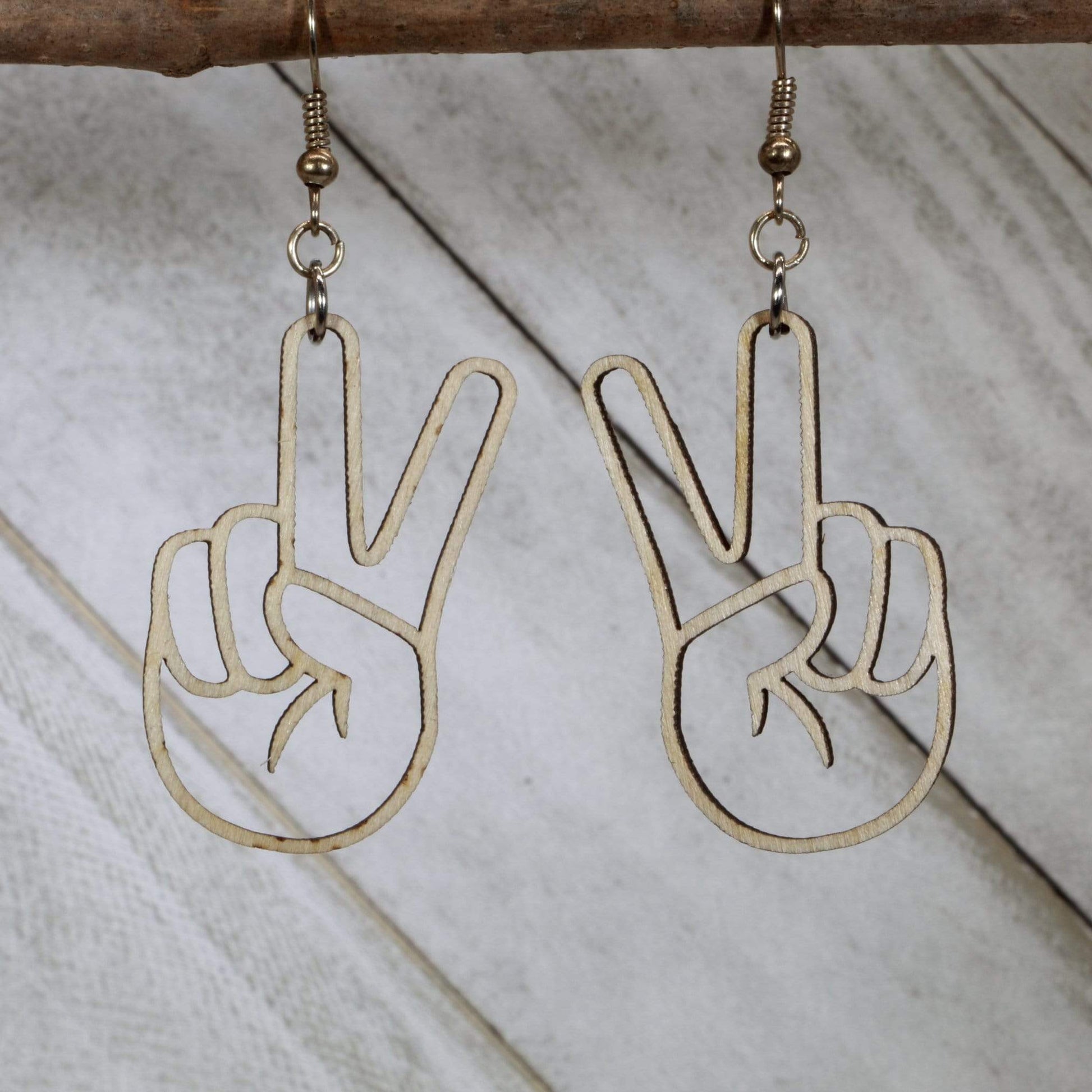 Cate's Concepts, LLC Women's Peace Sign Hand Wooden Dangle Earrings - white